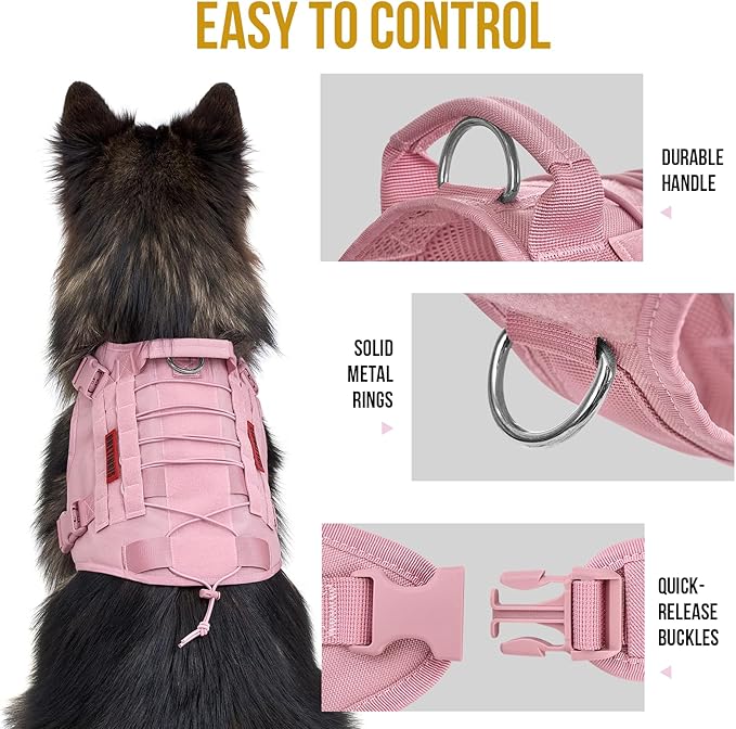 OneTigris Tactical Dog Harness Vest,No-Pull Service Dog Vest with Hook & Loop Panels,Adjustable Dog Vest Harness for Walking Hiking Training(Pink,M)