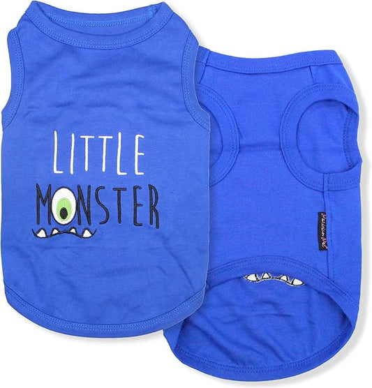 Parisian Pet Dog Tshirt - Embroidered “ Little Monster “ Boy Dogs Apparel - Pure Cotton and Lightweight Dog Clothes - Sleeveless Blue Doggy Tee Shirts - Machine Washable Shirts for Small Dogs - XS