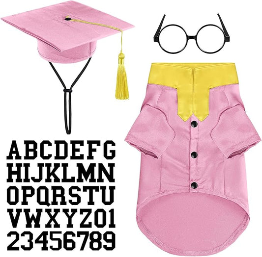 5 Pcs Dog Graduation Costume Set Include 2025 Pet Graduation Gown with Stole Puppy Grad Cap Lensless Glasses DIY Letter Stickers for Dogs Cats Holiday Costume Accessory(Pink Yellow,L)