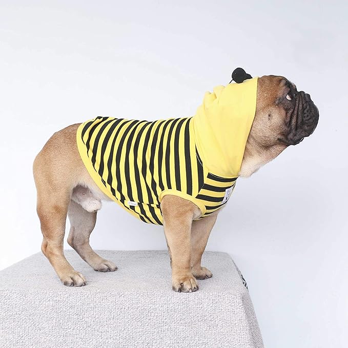 iChoue Bee Honeybee Bumblebee English Bulldog Costumes Hoodies Sleeveless Clothes Outfits Funny Cosplay Shirts for Medium Dogs French Frenchie Pug Boston Puppy - Black and Yellow, XX-Large