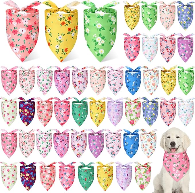 Preboun 50 Pcs Spring Dog Bandanas Bulk Flower Floral Bandanas for Dogs Soft Kerchief for Small Medium Large Pets Puppy Spring Costume Accessories(25.6 x 17.7 x 17.7 Inch)