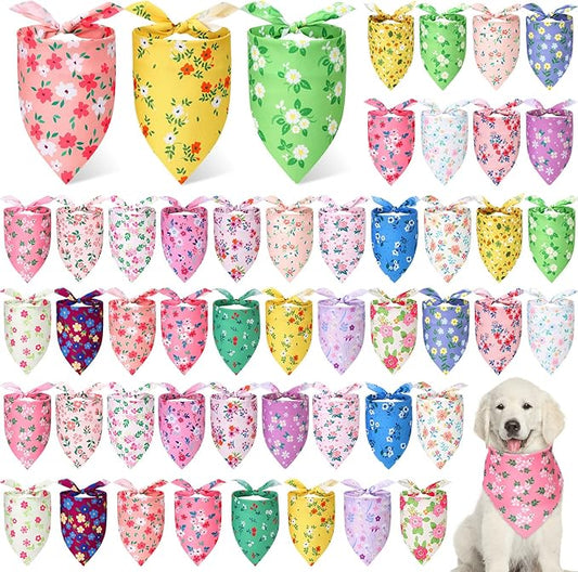 Preboun 50 Pcs Spring Dog Bandanas Bulk Flower Floral Bandanas for Dogs Soft Kerchief for Small Medium Large Pets Puppy Spring Costume Accessories(25.6 x 17.7 x 17.7 Inch)