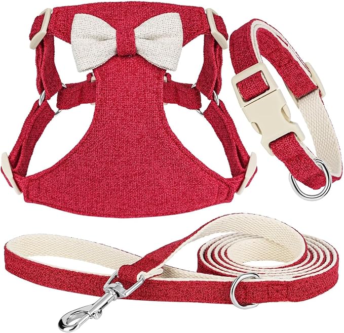 Didog Small Dog Harness Collar and Leash Set, Adjustable Lightweight Vest Harness with Cotton Soft Mesh for Small Dogs, Cats (Red, S)