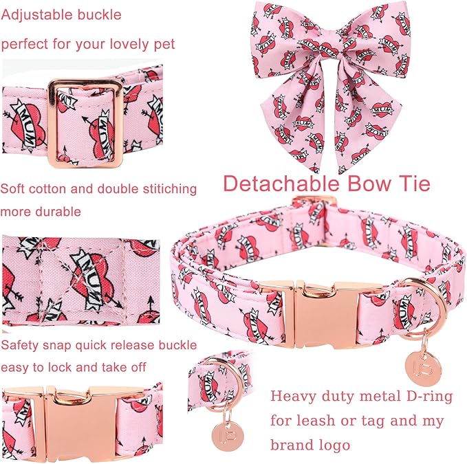 Mother’s Dog Collar with Bow Tie, Cute Cotton Girl Dog Collar, Adorable Pink Bowtie Collar for Large Girl Dog, Female Dog Collar with Metal Buckle, L