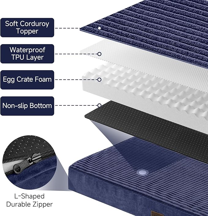OhGeni Orthopedic Waterproof & Machine Washable Dog Bed for Medium Large Pets, Suitable for Crates, 25D Egg Crate Foam, Non-Slip Bottom & Removable Cover, Invisible Zipper, 35 Inches(Navy)