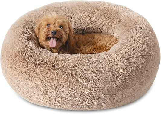 Bedsure Calming Dog Bed for Small Medium Dogs - Donut Washable Medium Puppy Bed, 27 inches Anti-Slip Round Fluffy Plush Faux Fur Pet Bed, Camel