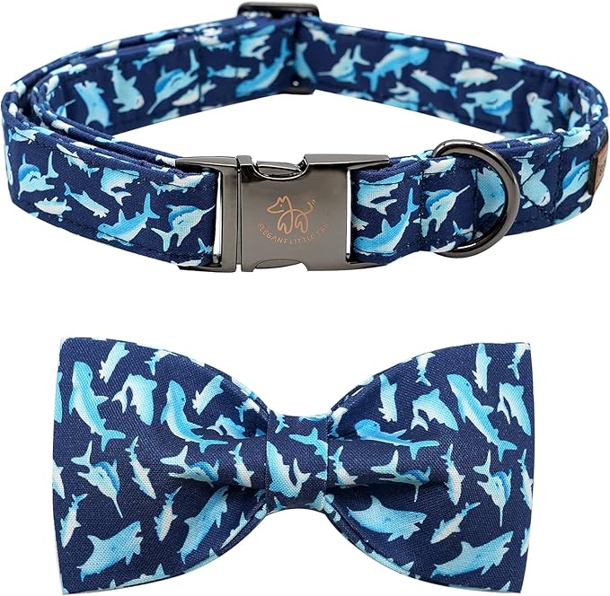 Elegant Little Tail Bowtie Dog Collar - Shark Print, Adjustable for Small Dogs