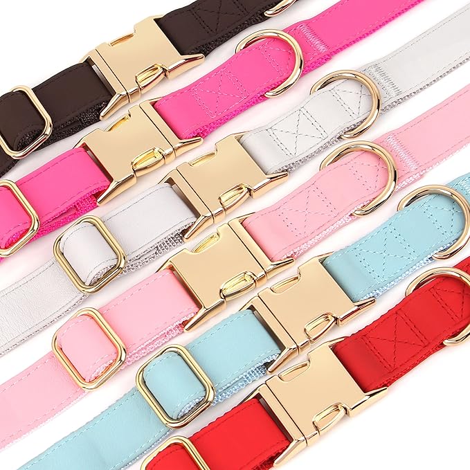 PET ARTIST Bright & Classic Leather Dog Collar, Durable & Heavy Duty Pink Dog Collar with Quick Release Metal Buckle, Adjustable Nylon Padded Pet Collar for Medium Dogs Girl, Neck Fit 13-19"