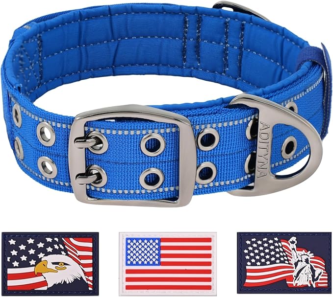 ADITYNA Heavy Duty Dog Collar for Medium Dogs - Reflective Blue Collar with Handle for Training, and Walking - Wide, Thick, Tactical, Soft Neoprene Padded