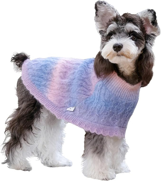 Rainbow Mohair Dog Poncho, Cold Weather Cable Dog Sweater for Small Dogs, Classic Turtleneck Thick Puppy Clothes with Leash Hole DS93XL
