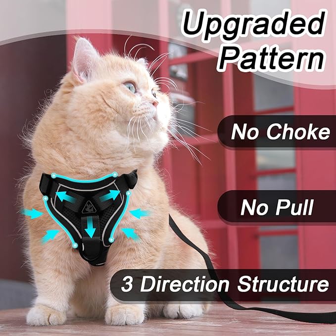 Cat Harness and Leash Set for Small Cat Kitten, Upgraded Escape Proof Adjustable Vest with Lead for Outdoor Walking, Soft Breathable Mesh Jacket with Reflective Stripes for Night(S, Black)
