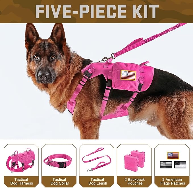 Forestpaw Pink Tactical Dog Harness for Large Dogs,Tactical Dog Collar with Bungee Leash Set,No Pull Military Dog Harness for Walking Training,Adjustable for Medium Large Dogs,Chest 15.5-25.5"