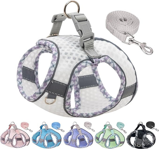 Soft Dog Harness and Leash Set for Walking, Summer Step in Vest Harness, Reflective Bands, Ultra Thin Breathable Pet Supplies, for Extra Small Dogs and House Cats White XS