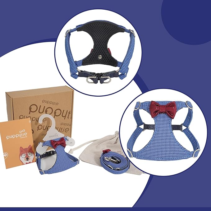 Puppytie No Pull Dog Harness with Multifunction Dog Leash,Soft Adjustable No Choke Escape Proof Pet Harness Vest for Medium Dogs,Plaid Blue,M