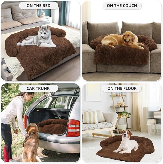 Calming Dog Bed Fluffy Plush Dog Mat for Furniture Protector with Removable Washable Cover for Large Medium Small Dogs and Cats (Extra Large (53x39.3x6), Coffee)