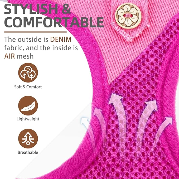 PUPTECK Dog Harness and Leash Set for Small Medium Dogs No Pull Step-in Soft Mesh Puppy Cat Vest Harnesses Reflective at Night, Denim Pink XS