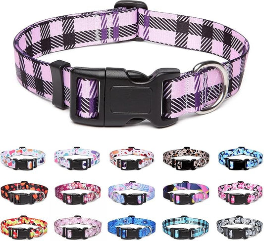 Adjustable Dog Collar with Patterns, Ultra Comfy Soft Nylon Breathable Pet Collar for Small Medium Large Dogs (M, Purple Plaid)