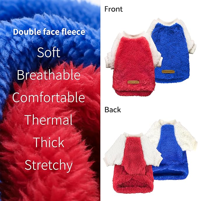 Fitwarm 2 Pack Fuzzy Fleece Dog Sweater, Thermal Dog Clothes for Small Dogs Boy Girl, Pet Cat Winter Outfit, Red, Royal Blue, XL