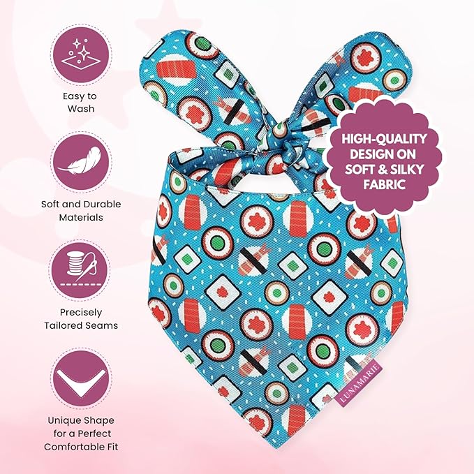 Luxury Pet Birthday Bandanas -Premium & Silky Poly Fabric | 100% Handmade | Custom Shape Dual Layered (Sushi, Small)