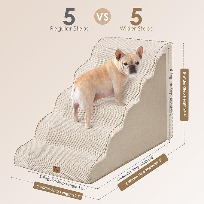 EHEYCIGA Curved Dog Stairs Ramp for High Beds, 5-Step Extra Wide Dog Steps for Small Dogs and Cats, Pet Stairs for High Bed Climbing, Non-Slip Balanced Pet Step Indoor, Beige