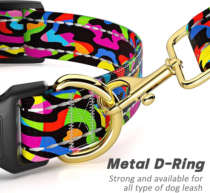 Reflective Dog Collar for Medium Dogs, Cute Boho Adjustable Heavy-Duty Nylon Puppy Collar for Boy and Girl Female, Soft Pet Accessories with Quick Release Buckle, Abstract Rainbow Art