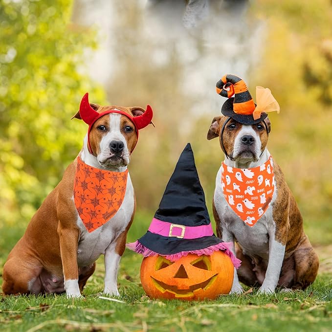 ADOGGYGO Halloween Dog Bandana, Spider Web Ghost Pet Scarf, Premium Durable Fabric, Orange Halloween Bandanas for Medium Large Dogs Pets (Large)