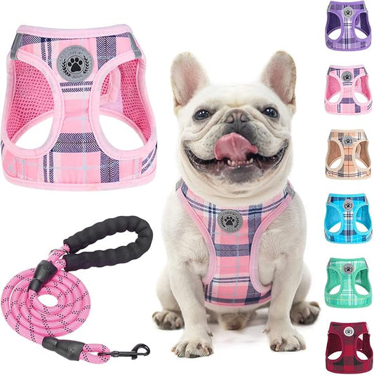 BEAUTYZOO Small Dog Harness and Leash Set,Step in No Choke No Pull Soft Mesh Dog Harnesses Reflective for Extra-Small/Small Medium Puppy Dogs and Cats, Plaid Dog Vest Harness for XS S Pets, Pink M