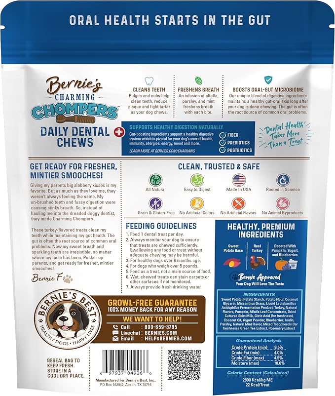 Bernie's Charming Chompers - Daily Dental Chews for Dogs 5-15 Lbs. - 65 Count - Cleans Teeth, Freshens Breath, + Boosts Oral-Gut Microbiome. Easy to Digest, Supports Healthy Digestion Naturally