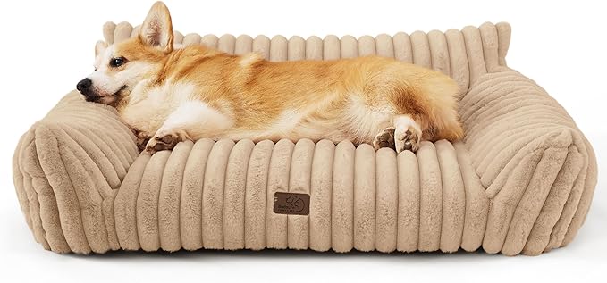 Bedsure Cute Pet Couch - Fluffy Dog Sofa with Premium Soft Corduroy Fleece, Dog Couch Bed with Washable Cover, Supportive for Medium Large Dogs, 36" L, Tuscan Beige