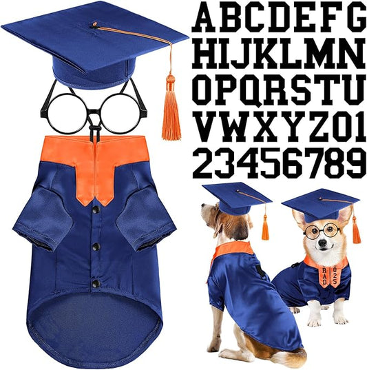 5 Pcs Dog Graduation Costume Set Include 2025 Pet Graduation Gown with Stole Puppy Grad Cap Lensless Glasses DIY Letter Stickers for Dogs Cats Holiday Costume Accessory(Blue Orange,L)