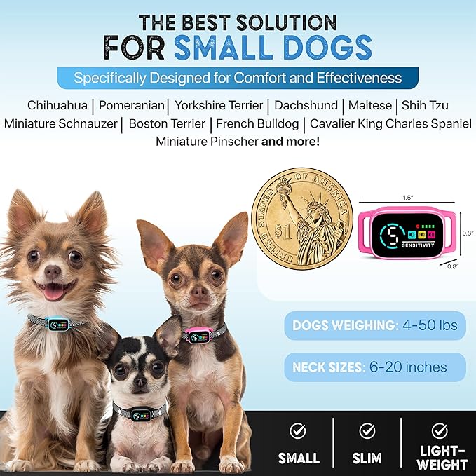 Tiny Bark Collar for Small Dogs 5-15 lbs – No Shock Anti Barking Collar with AI Chip – 3 Modes & 5 Sensitivity Levels – Waterproof, Rechargeable, Magnetic Charging – Humane, Effective Training (Pink)