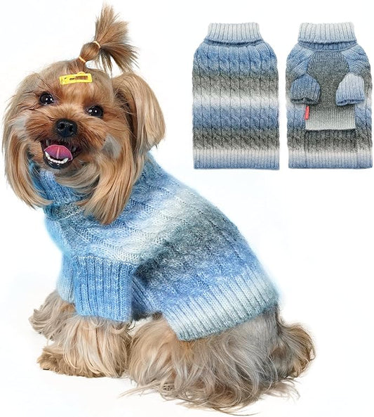 kyeese KYEESE Dog Sweater Thick Cable Knit Puppy Sweater Gradient Color Small Dog Sweater Fuzzy Warm with Sleeves, Blue, X-Small