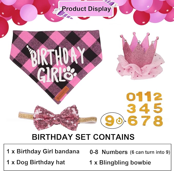 ADOGGYGO Dog Birthday Party Supplies, Multi Size Offered, Birthday Girl Dog Bandana, Pink Puppy Party Hat Crown with Numbers for Small Puppies Pets (Small)