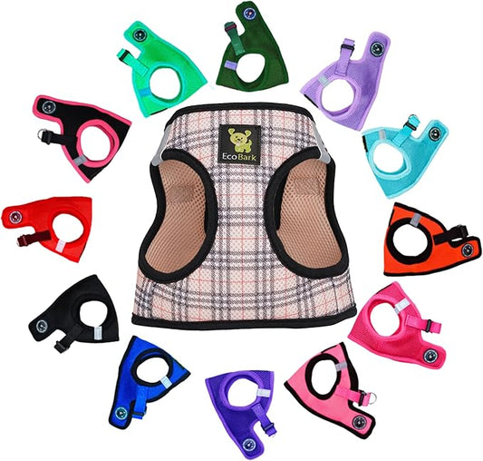 EcoBark Small Dog Harness - Step in Luxury Mesh Dog Harnesses - Reflective and Adjustable Mini Body Halter Vest - Soft Mesh Toy Breed Harness (Beige Plaid, Small)