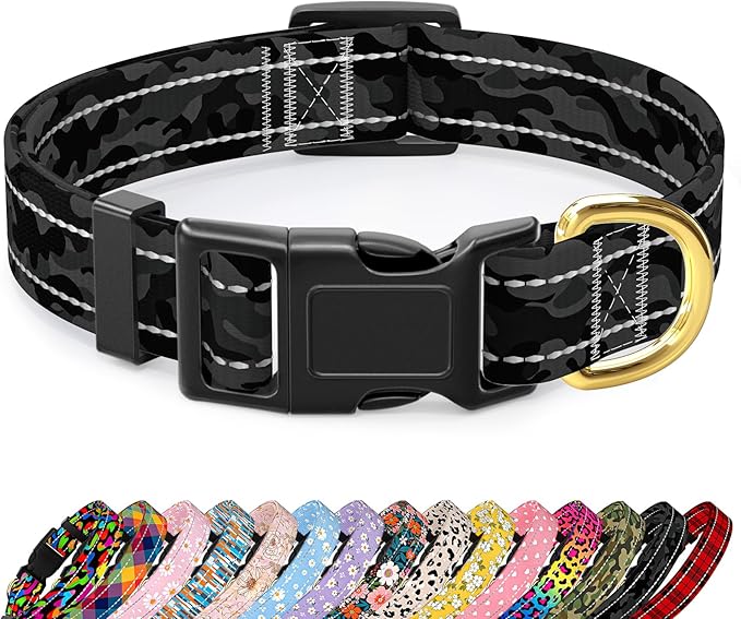 Reflective Dog Collar for Extra Small Dogs Cats, Cute Camouflage Adjustable Heavy-Duty Nylon Puppy Collar for Boy and Girl Female, Soft Pet Accessories with Quick Release Buckle, Black
