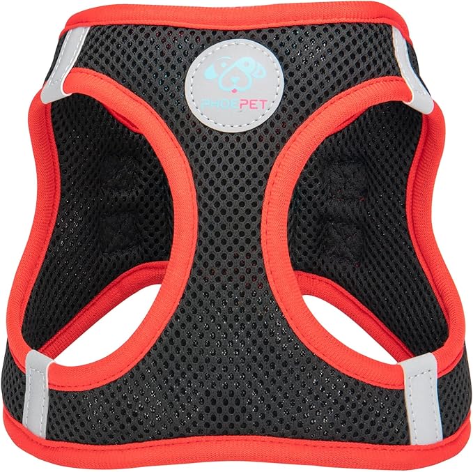 PHOEPET Step-in Dog Harness,Reflective Adjustable Dog Vest Harness, Soft Pet Walking Jacket with 2 Metal Leash Hooks for Dog and Cat(Black Base & Red Straps,XS)