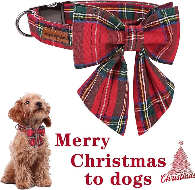 Unique style paws Christmas Dog Collar with Bow Tie Red Plaid Puppy Collar for Small Medium Large Dogs as Autumn Winter Gifts -L