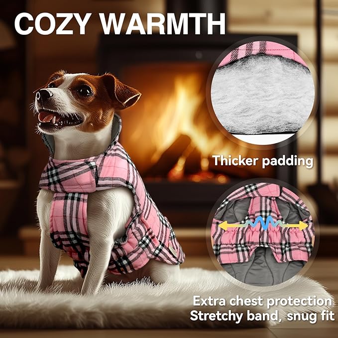 VIVAGLORY SoftJoy Dog Winter Coat - British Style Plaid Jacket & Vest for Cold Weather - Reversible, Warm & Heavy Duty - XL Pink