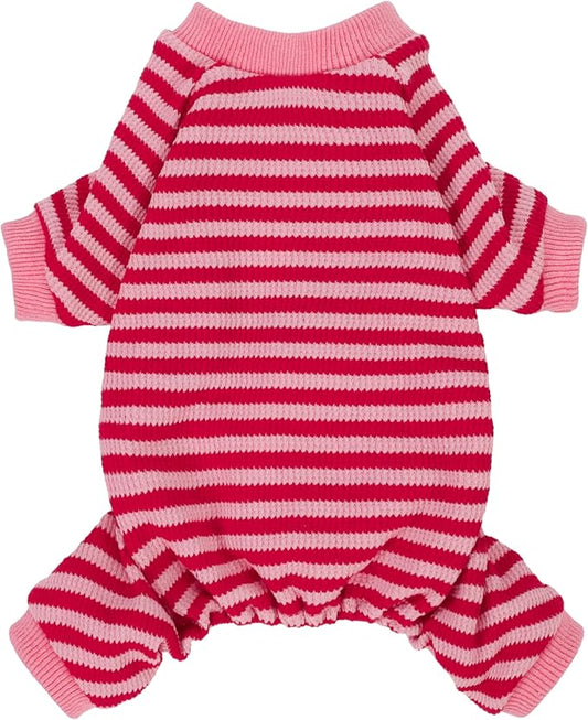 Fitwarm Pink and Red Striped Dog Pajamas, Waffle Dog Clothes for Small Dogs Girl Boy, Puppy Onesie with Feet, Pet Cat Outfit, Medium