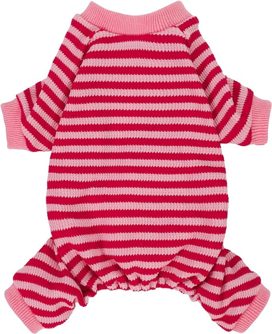 Fitwarm Pink and Red Striped Dog Pajamas, Waffle Dog Clothes for Small Dogs Girl Boy, Puppy Onesie with Feet, Pet Cat Outfit, XL
