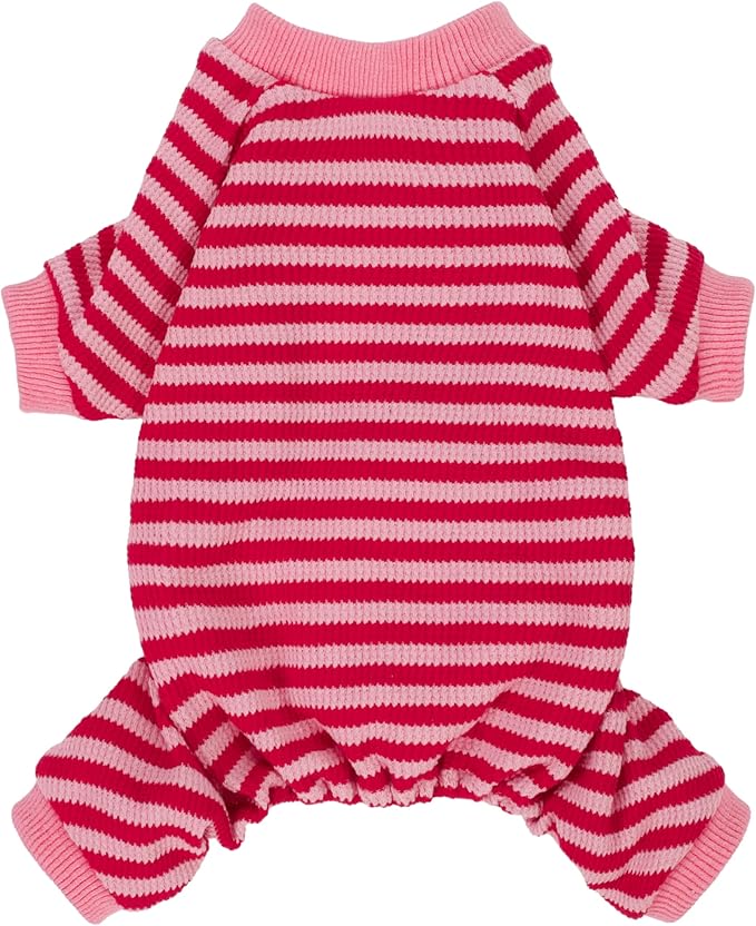 Fitwarm Pink and Red Striped Dog Pajamas, Waffle Dog Clothes for Small Dogs Girl Boy, Puppy Onesie with Feet, Pet Cat Outfit, XS