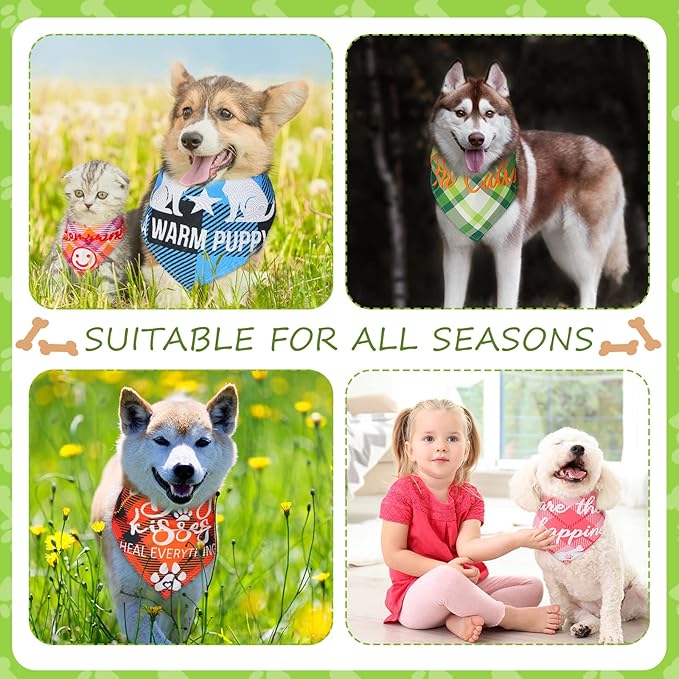 Sweetude 100 Pcs Plaid Dog Bandanas Bulk Paw Print Dog Scarf Bibs Puppy Pet Bandanas with Captions Adjustable Cat Outfit Washable Triangle Scarf Kerchief for Small to Medium