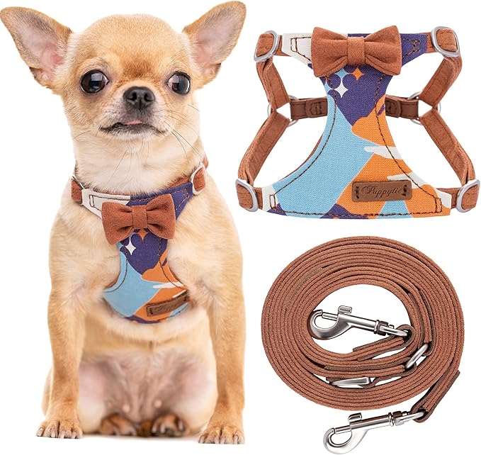 Puppytie No Pull xs Dog Harness with Multifunction Dog Leash,Soft Adjustable No Choke Escape Proof Pet Harness Vest,Suede Bow Brown,XXS