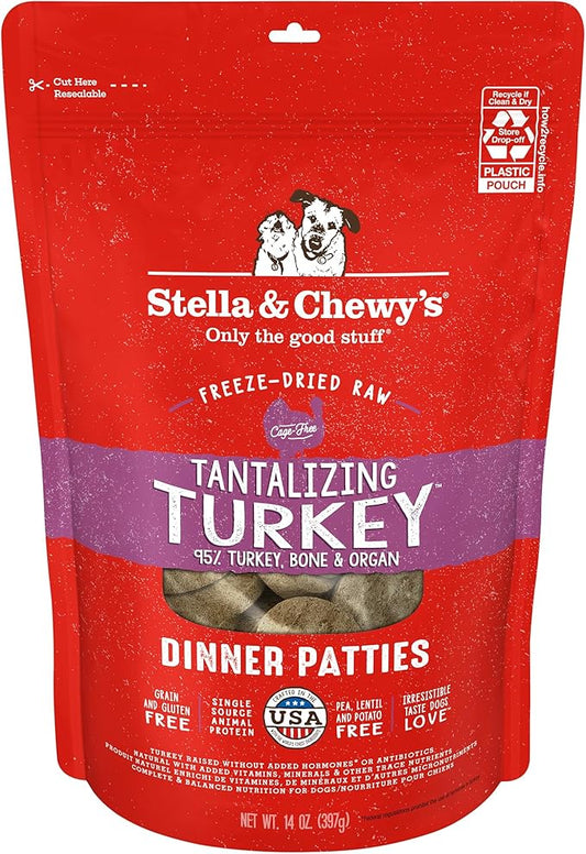 Stella & Chewy's Freeze-Dried Raw Dinner Patties - Turkey Recipe - High Protein Grain-Free Puppy & Dog Food - Perfect For Picky Eaters - 14 oz