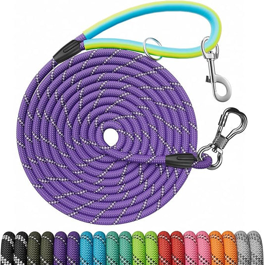 Long Dog Leash for Dog Training 10FT/15FT/20FT/30FT/40FT/50FT/100FT Reflective Leash with 2 Hooks, Heavy Duty Dog Lead for Large Medium Small Dogs Outside Walking Camping Yard, Purple 15FT
