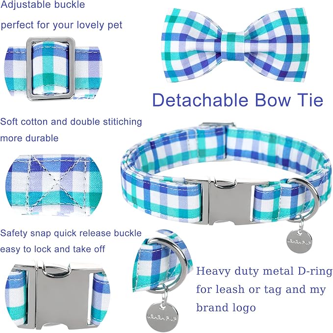 Dog Collar Bow Tie, Comfortable Durable Cotton Bowtie Collar for Girl Boy Dog or Cat, Adorable Puppy Collar with Metal Buckle, Blue Grid Gift Collar, XS