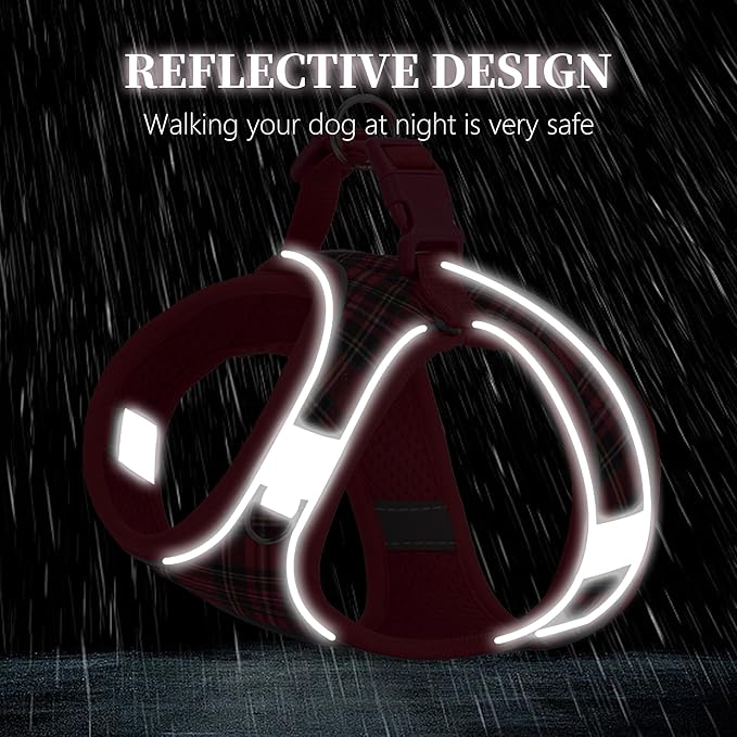 No Pull Dog Harness and Leash Set for Extra-Small Dogs Puppy Cats Ajustable Classic Plaid Dog Vest Harness Soft Mesh Reflective Step-in Harness Escape Proof for Walking Red XS