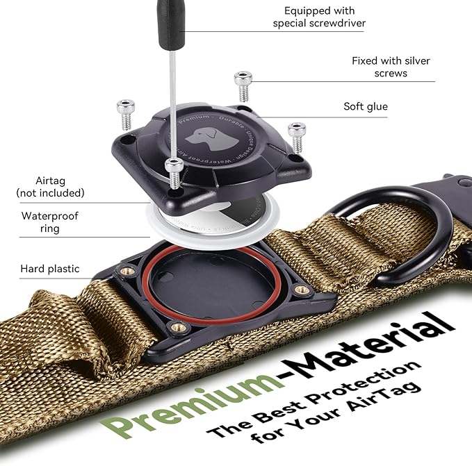 2025 Upgrade Waterproof AirTag Dog Collar, Military Tactical Dog Collar with AirTag Holder, Comfortable Control Handle and Metal Buckle, GPS Dog Collar Holder for Medium to Large Dogs (Khaki, M)