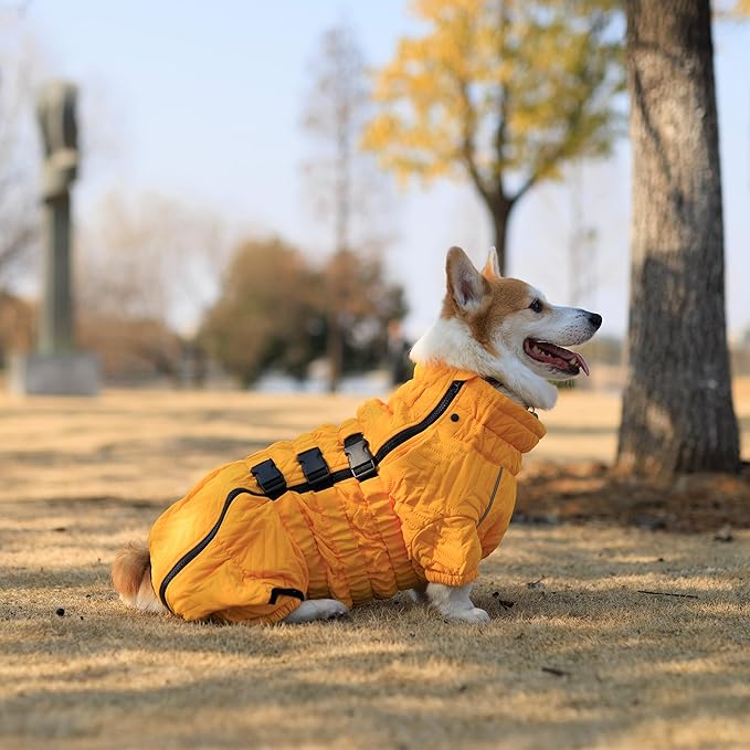 Lovelonglong Warm Dog Coat Double Layers Dog Vest, 4 Legs Covered Windproof Waterproof Reflective Warm Dog Vest Outdoor Skating Dog Costume for Corgis Dachshund Dog Yellow D-L