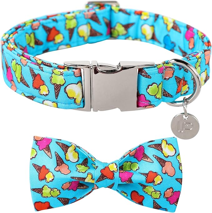 Summer Dog Collar with Bow Tie, Cotton Cute Bowtie Dog Collar, Summer Bowtie Collar for Medium Boy Girl Dog, Comfortable Blue Dog Collar with Metal Buckle, M